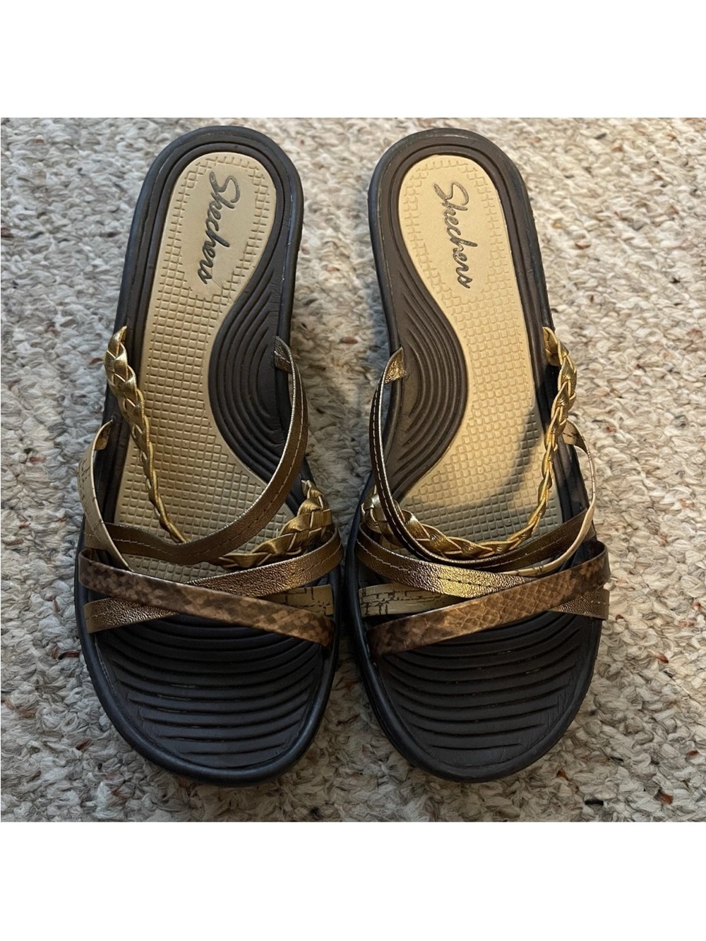 Skechers Strappy Rubber Sole Sz 7.5 Gold & Brown COMFORTABLE SLIP ON